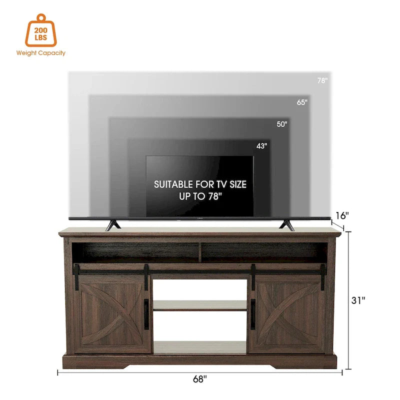 68-Inch Walnut Sliding Barn Door TV Stand Console with Open Storage Compartment 7
