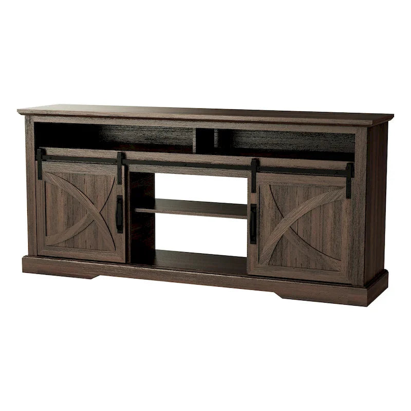 68-Inch Walnut Sliding Barn Door TV Stand Console with Open Storage Compartment 8