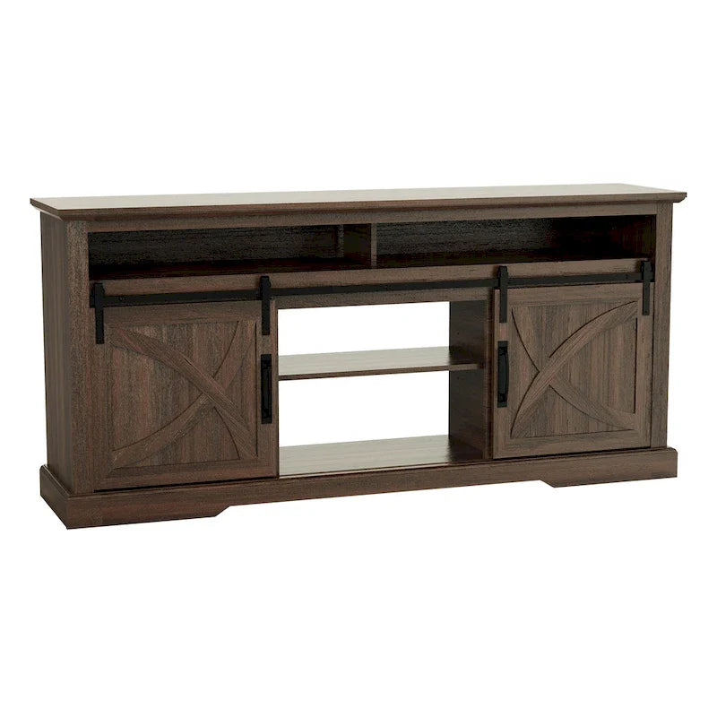 68-Inch Walnut Sliding Barn Door TV Stand Console with Open Storage Compartment 9