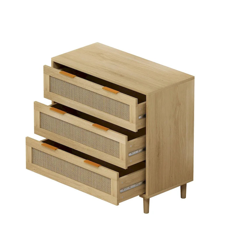 Oak Storage Cabinet with 3 Rattan Drawers - Dimensions: 31.5L x 15.55W x 30.12H 2