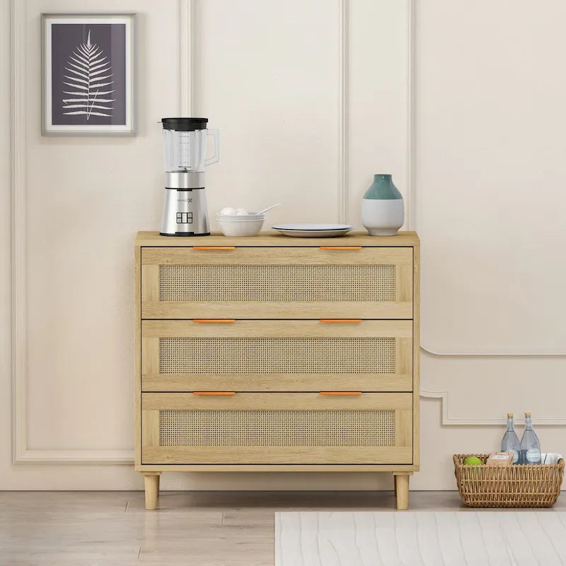 Oak Storage Cabinet with 3 Rattan Drawers - Dimensions: 31.5L x 15.55W x 30.12H 6
