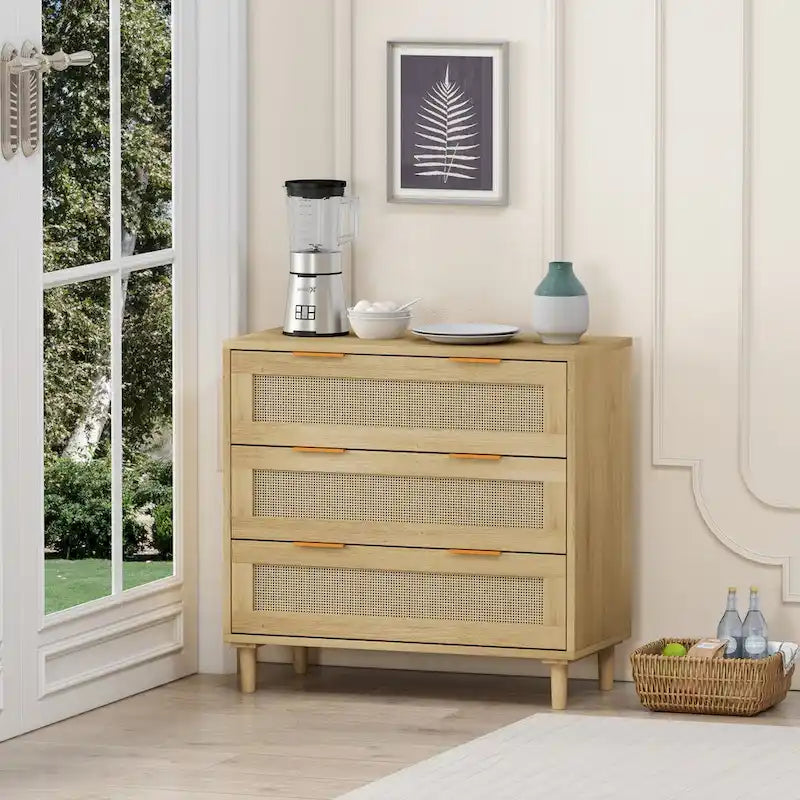 Oak Storage Cabinet with 3 Rattan Drawers - Dimensions: 31.5L x 15.55W x 30.12H 7