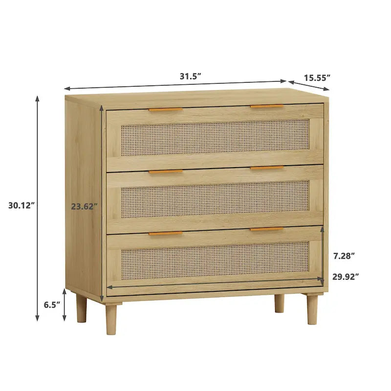 Oak Storage Cabinet with 3 Rattan Drawers - Dimensions: 31.5L x 15.55W x 30.12H 8
