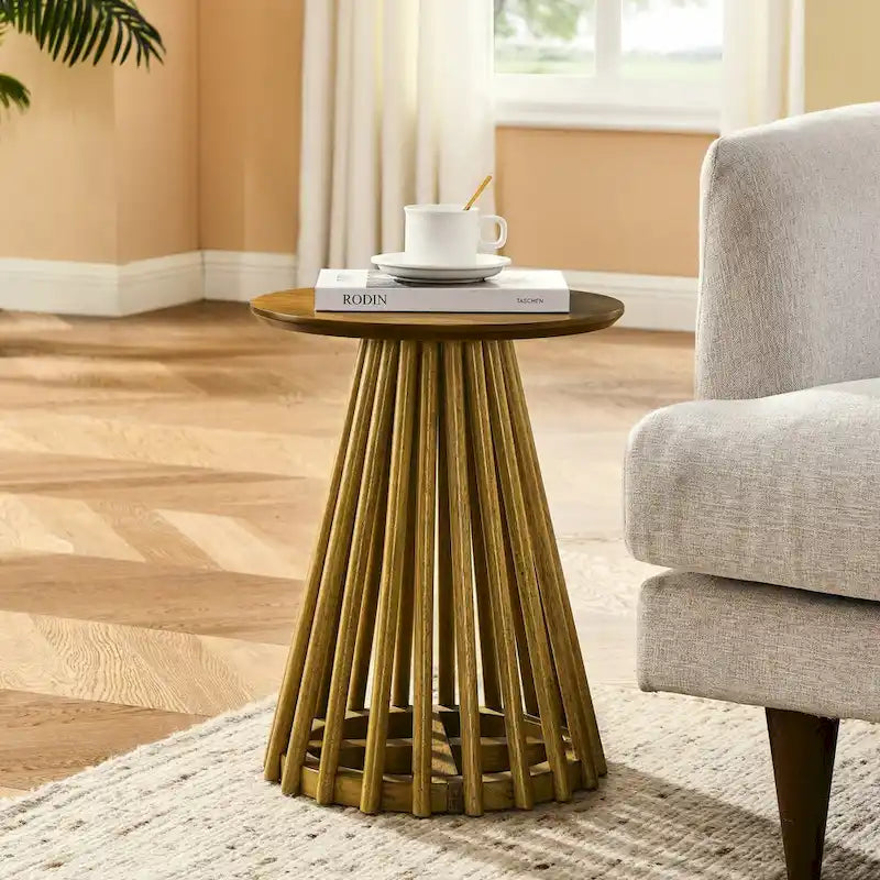 15.75-Inch Round Solid Wood Coffee Table - Minimalist End Table for Living Room 9