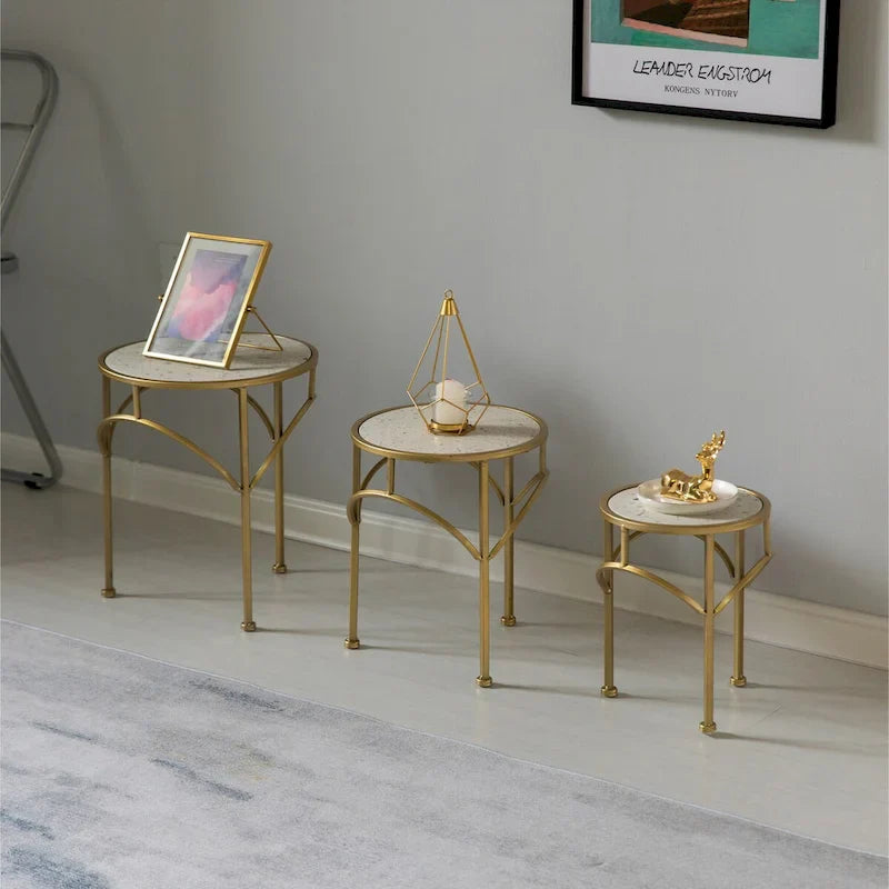 Set of 3 Decorative Gold Metal Round Plant Stands with Modern White Marble Top - Stylish End Side Tables 1