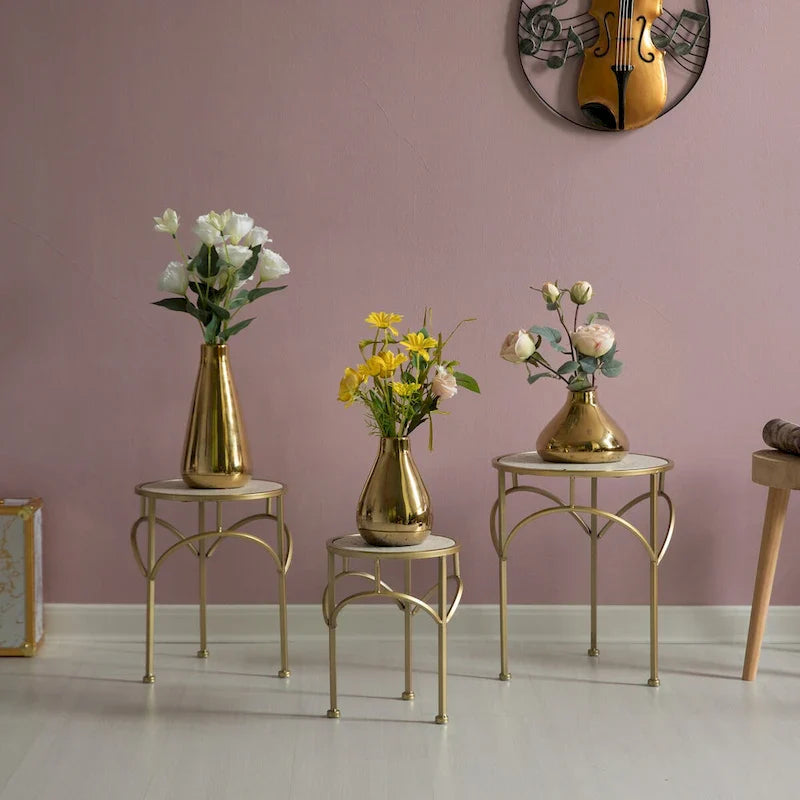 Set of 3 Decorative Gold Metal Round Plant Stands with Modern White Marble Top - Stylish End Side Tables 3