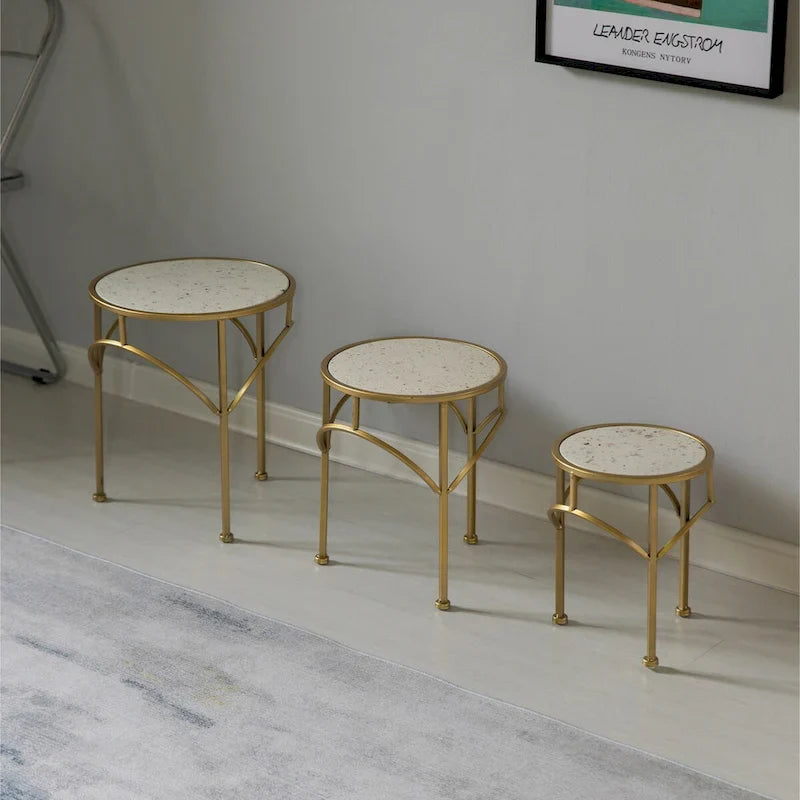 Set of 3 Decorative Gold Metal Round Plant Stands with Modern White Marble Top - Stylish End Side Tables 5