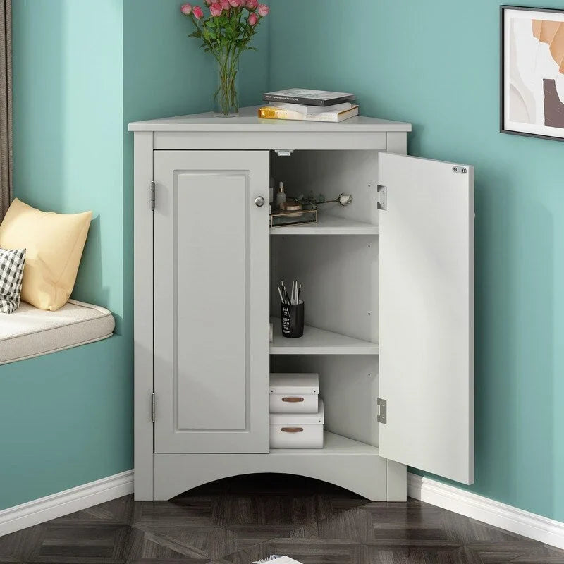 Freestanding Corner Triangle Bathroom Storage Cabinet with Adjustable Shelves - Versatile Accent Cabinet for Living Room 1