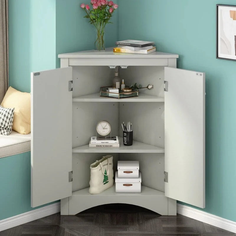 Freestanding Corner Triangle Bathroom Storage Cabinet with Adjustable Shelves - Versatile Accent Cabinet for Living Room 7