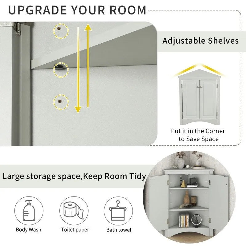 Freestanding Corner Triangle Bathroom Storage Cabinet with Adjustable Shelves - Versatile Accent Cabinet for Living Room 8