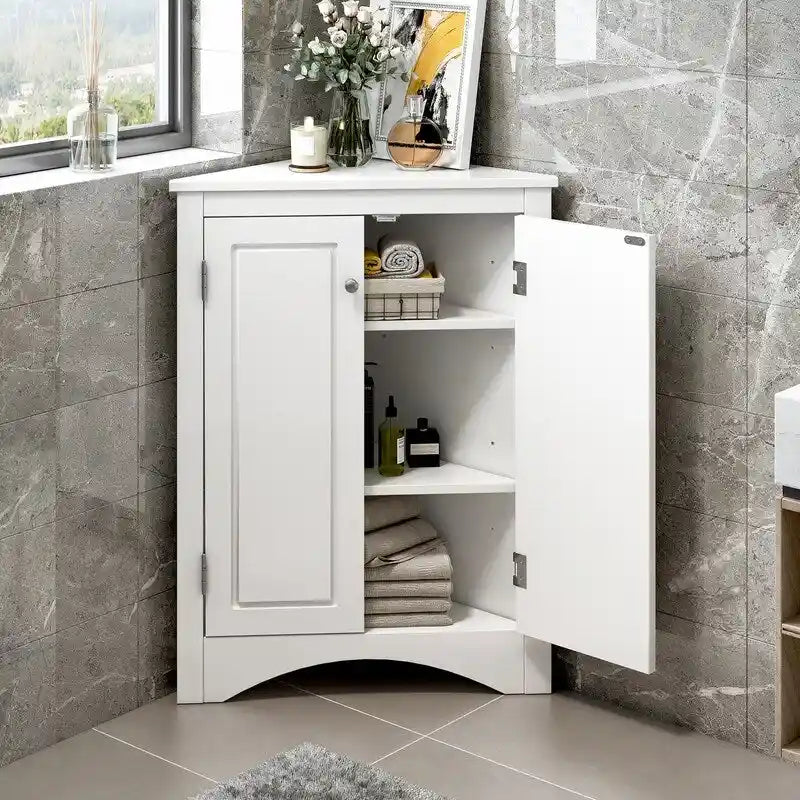 Freestanding Corner Triangle Bathroom Storage Cabinet with Adjustable Shelves - Versatile Accent Cabinet for Living Room 23