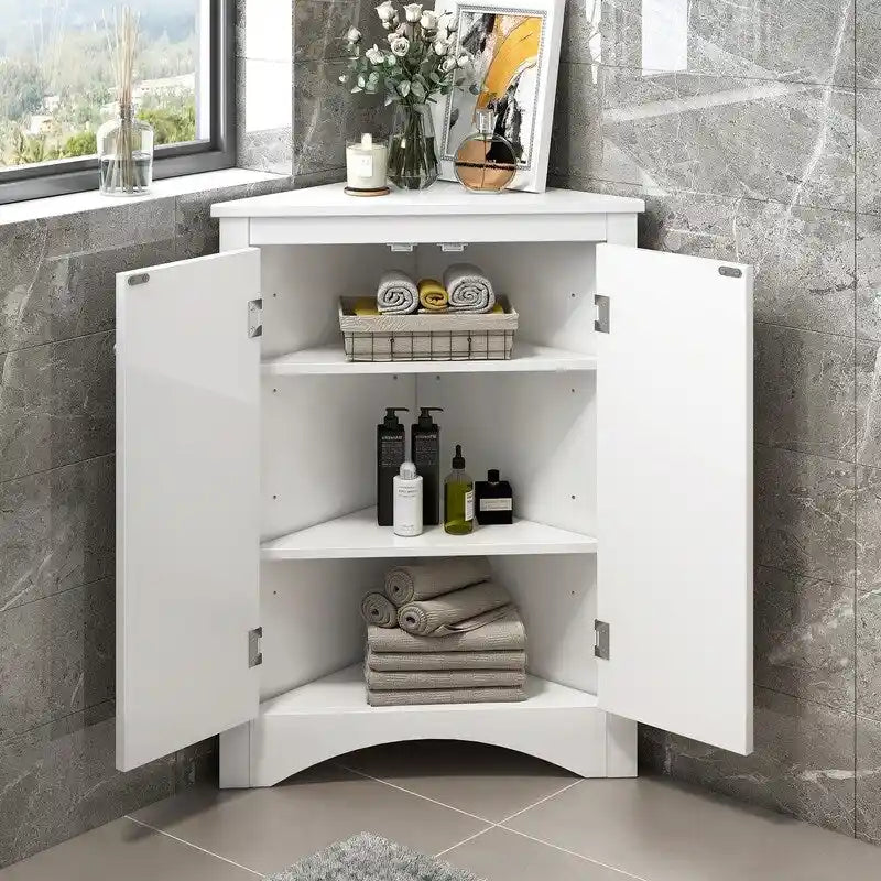 Freestanding Corner Triangle Bathroom Storage Cabinet with Adjustable Shelves - Versatile Accent Cabinet for Living Room 25