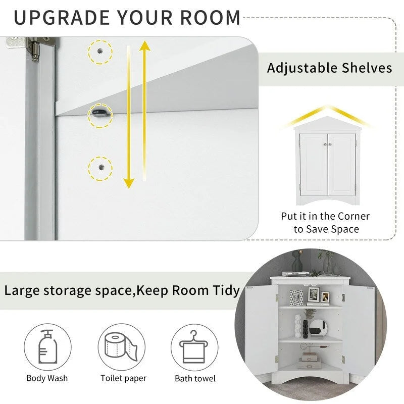 Freestanding Corner Triangle Bathroom Storage Cabinet with Adjustable Shelves - Versatile Accent Cabinet for Living Room 27