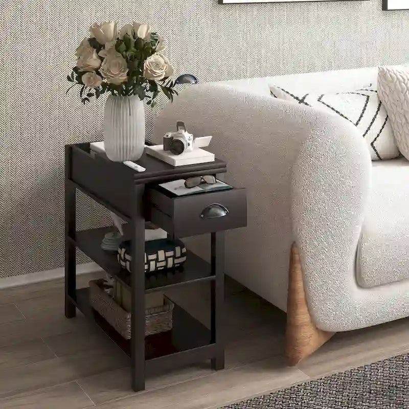 Flip-Over Design Narrow Side Table with Drawers and Bottom Shelf 8