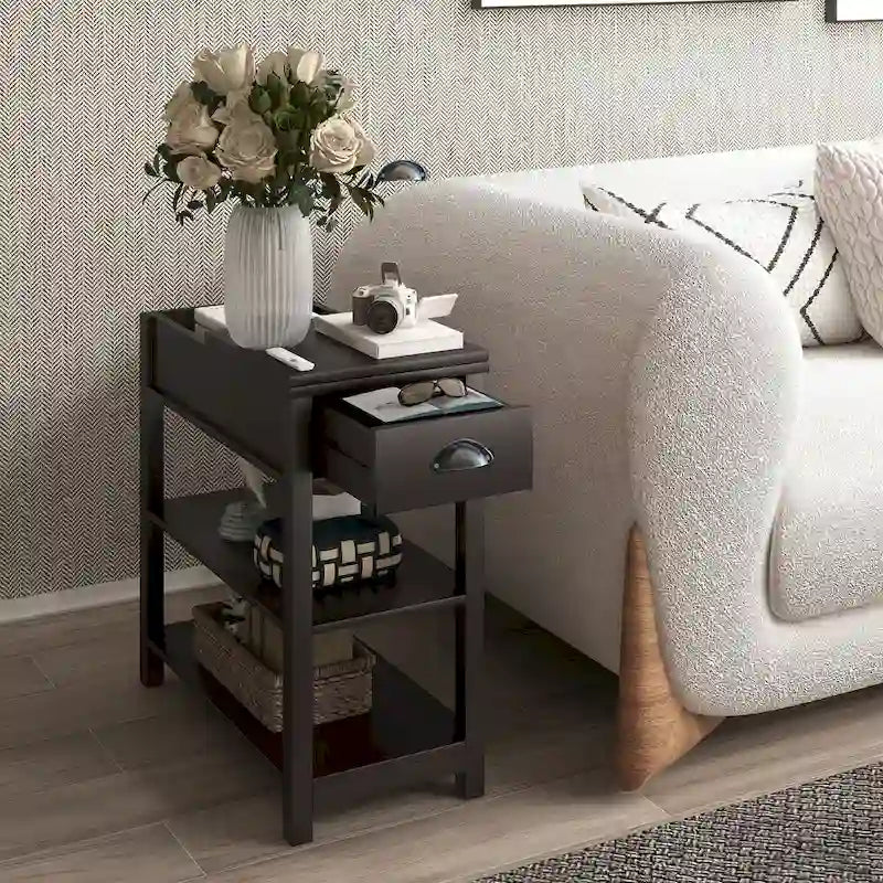 Flip-Over Design Narrow Side Table with Drawers and Bottom Shelf 1