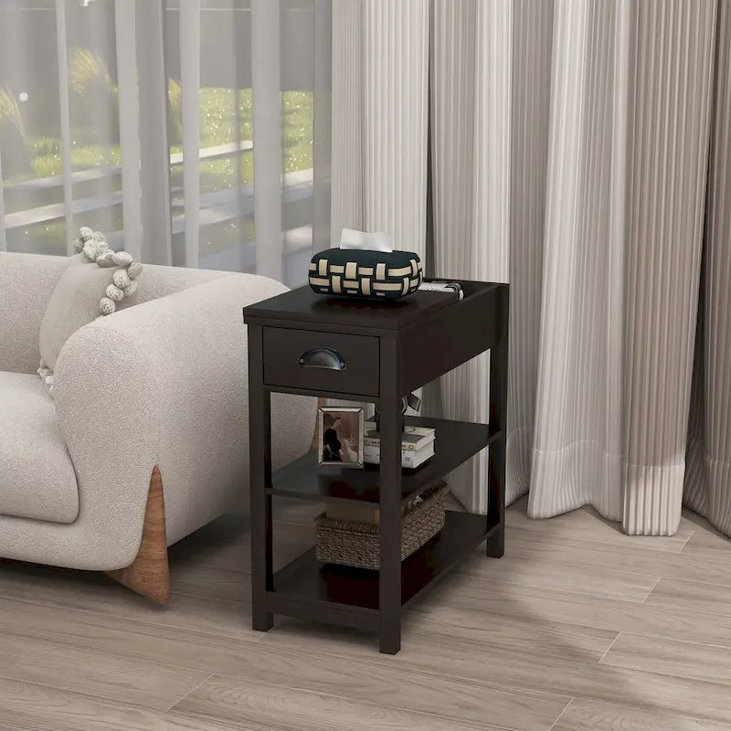 Flip-Over Design Narrow Side Table with Drawers and Bottom Shelf 2