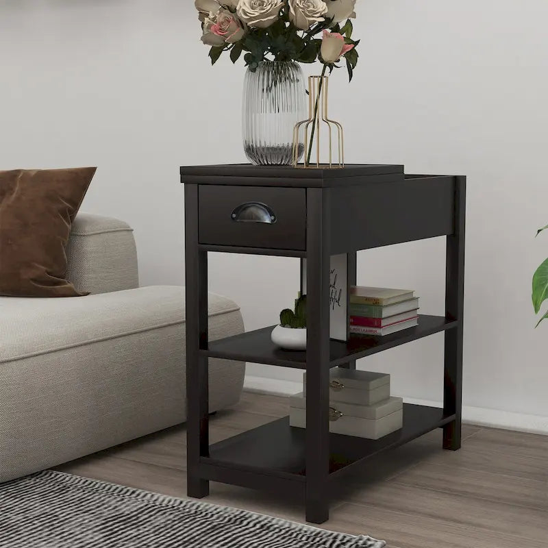 Flip-Over Design Narrow Side Table with Drawers and Bottom Shelf 3