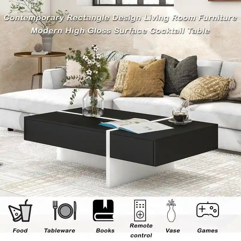 Contemporary Rectangular Coffee Table for Living Room - High Gloss Finish Cocktail Table, Ideal Centerpiece for Sofas 11