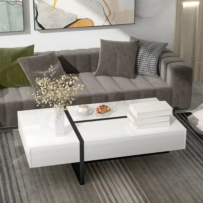 Contemporary Rectangular Coffee Table for Living Room - High Gloss Finish Cocktail Table, Ideal Centerpiece for Sofas 14