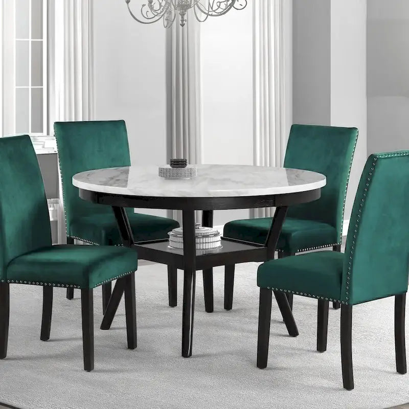 Kate 47-Inch Round Dining Table with Faux Marble Surface in White and Brown 1