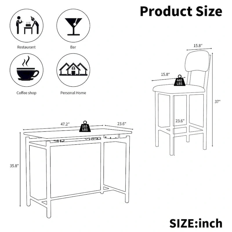 3-Piece Kitchen Table Set: Dining Table with 2 Chairs - Ideal for Small Spaces, Breakfast Nook, or Pub Use 5