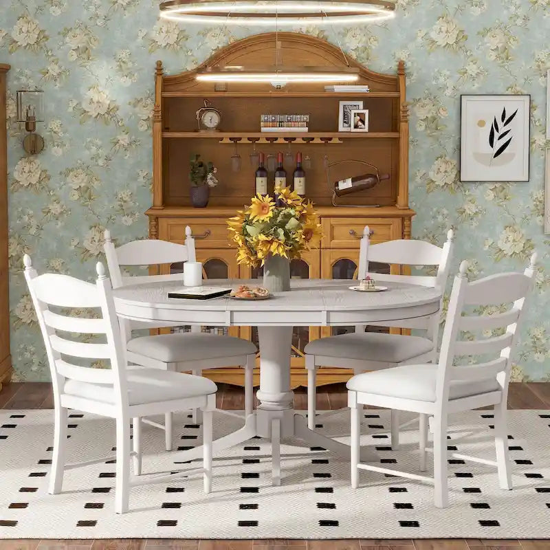 5-Piece Retro Wood Dining Set: Round Extendable Table with 4 Upholstered Chairs 18