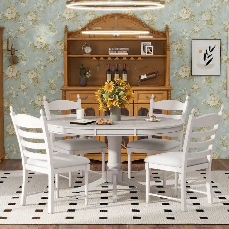 5-Piece Retro Wood Dining Set: Round Extendable Table with 4 Upholstered Chairs 1