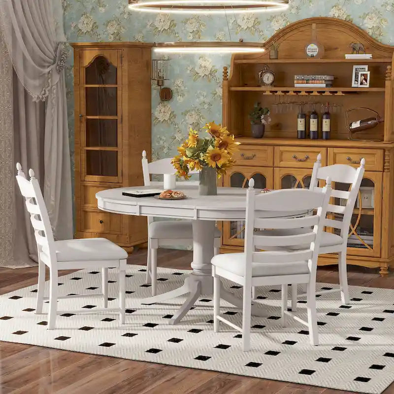 5-Piece Retro Wood Dining Set: Round Extendable Table with 4 Upholstered Chairs 2