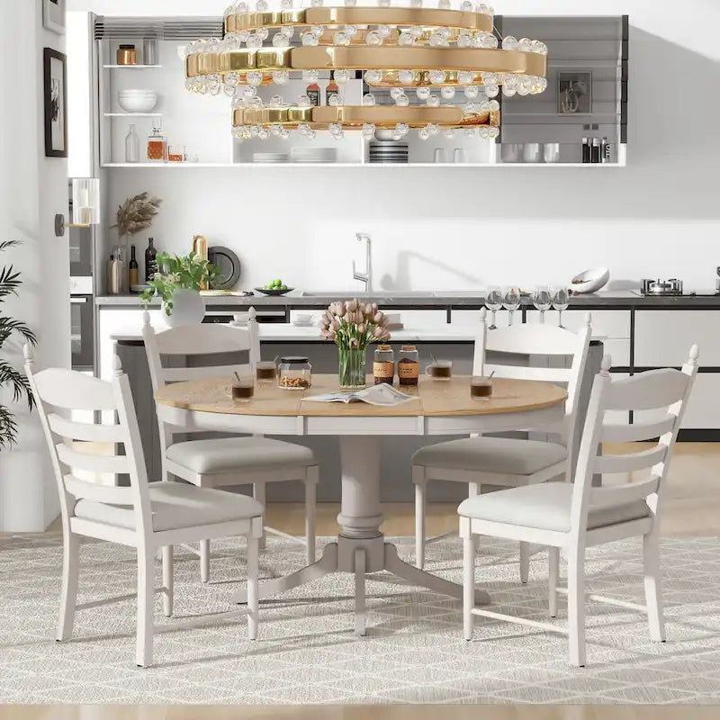 5-Piece Retro Wood Dining Set: Round Extendable Table with 4 Upholstered Chairs 3