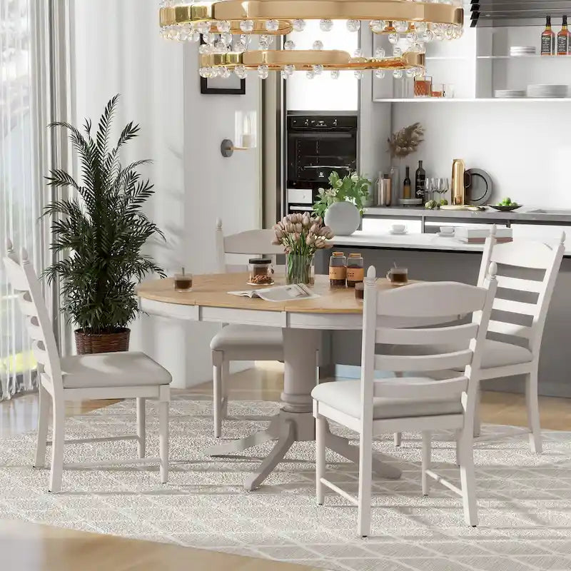 5-Piece Retro Wood Dining Set: Round Extendable Table with 4 Upholstered Chairs 4