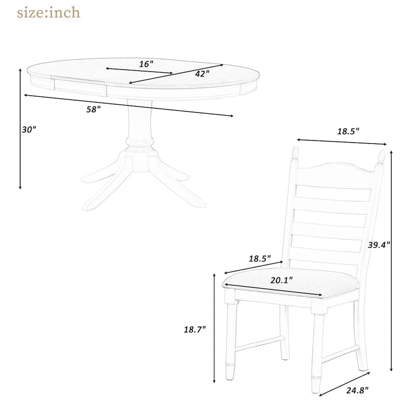 5-Piece Retro Wood Dining Set: Round Extendable Table with 4 Upholstered Chairs 5