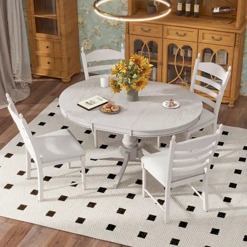 5-Piece Retro Wood Dining Set: Round Extendable Table with 4 Upholstered Chairs 6