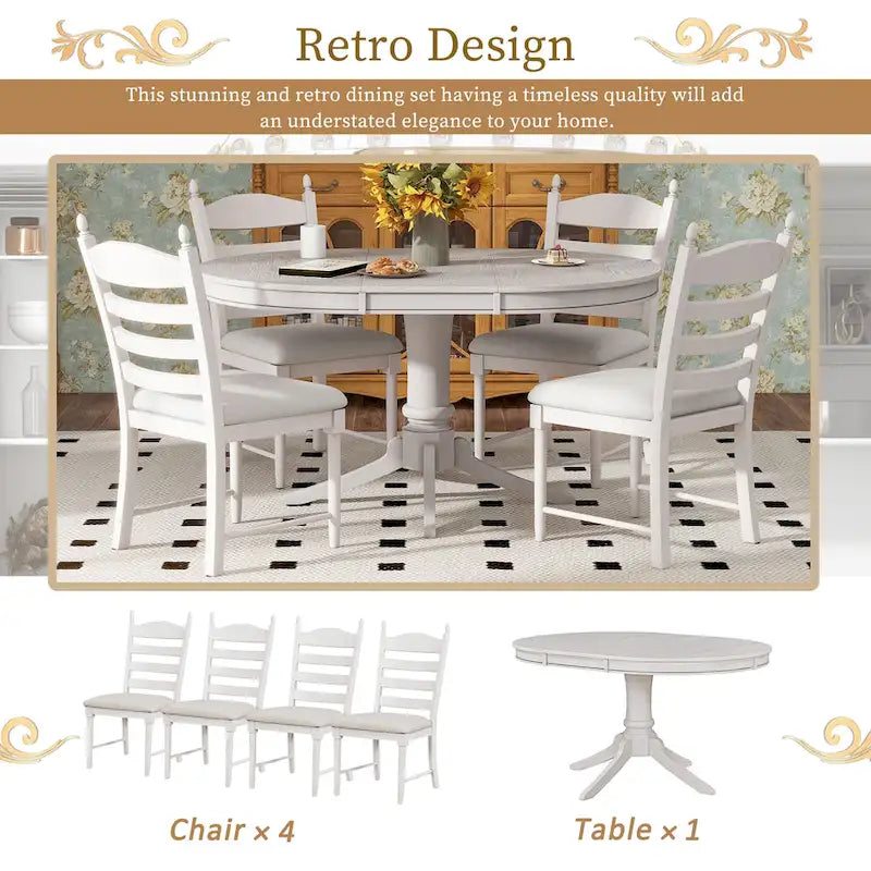 5-Piece Retro Wood Dining Set: Round Extendable Table with 4 Upholstered Chairs 7