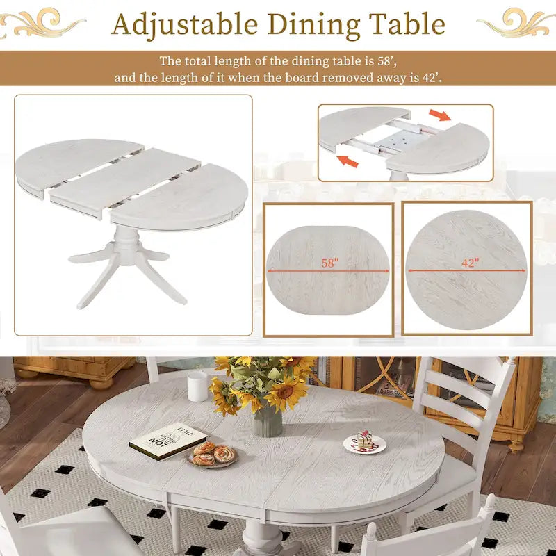 5-Piece Retro Wood Dining Set: Round Extendable Table with 4 Upholstered Chairs 8