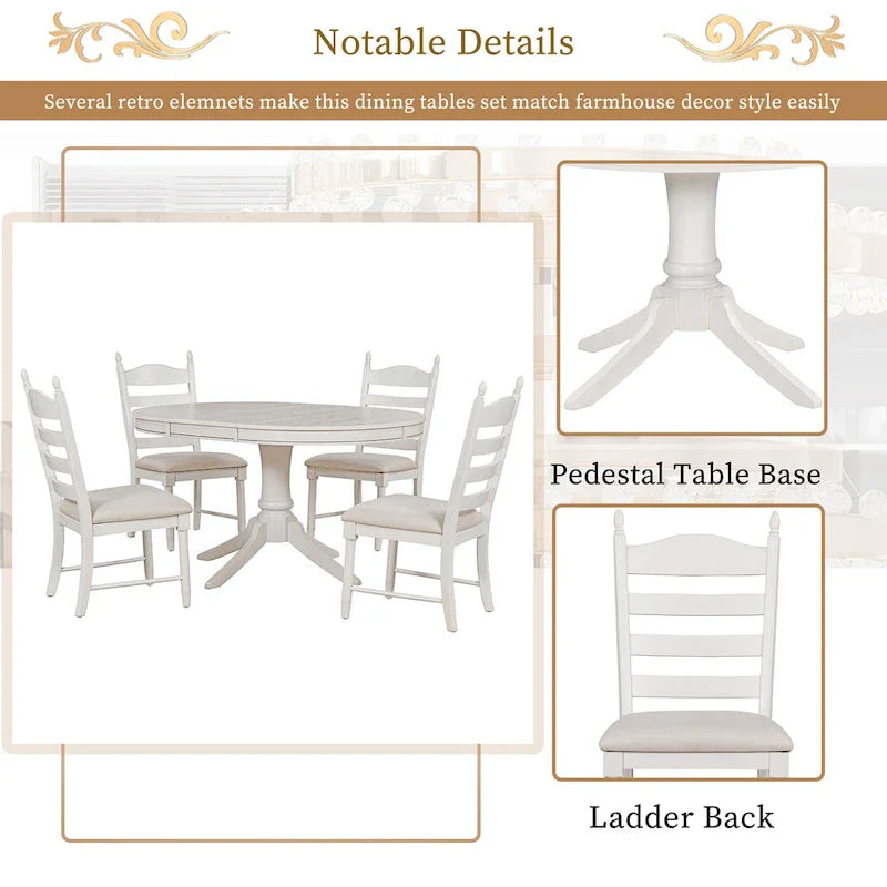 5-Piece Retro Wood Dining Set: Round Extendable Table with 4 Upholstered Chairs 9