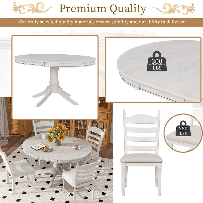 5-Piece Retro Wood Dining Set: Round Extendable Table with 4 Upholstered Chairs 10