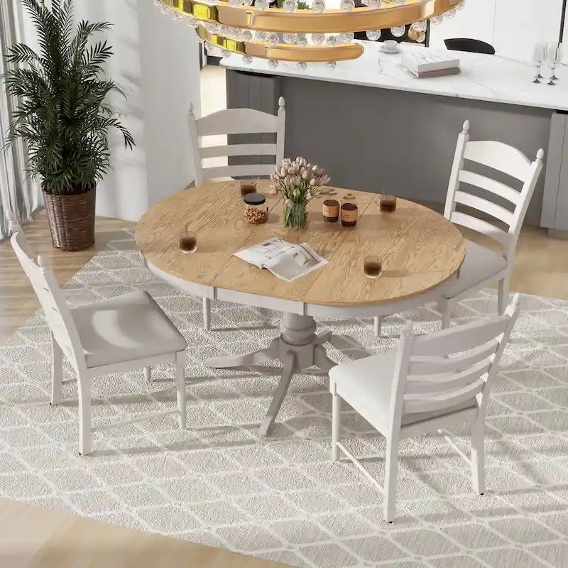 5-Piece Retro Wood Dining Set: Round Extendable Table with 4 Upholstered Chairs 12