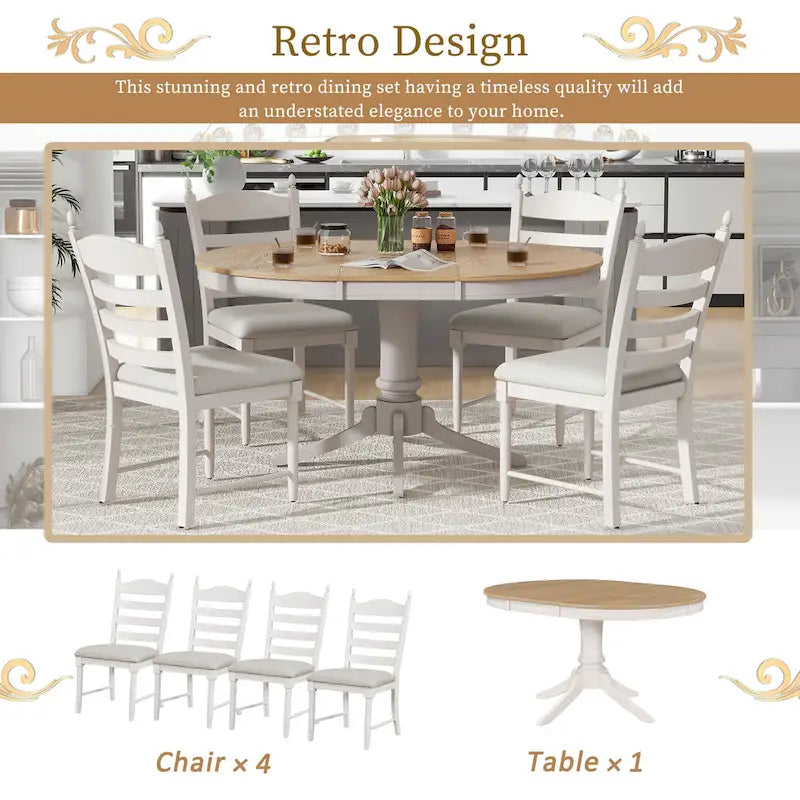 5-Piece Retro Wood Dining Set: Round Extendable Table with 4 Upholstered Chairs 13