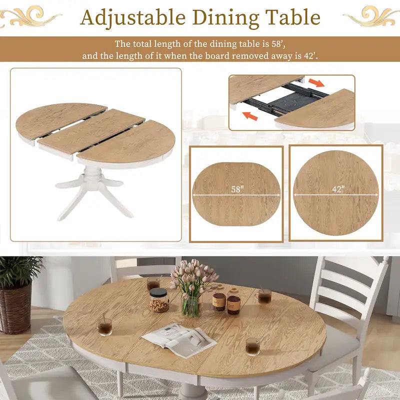 5-Piece Retro Wood Dining Set: Round Extendable Table with 4 Upholstered Chairs 14