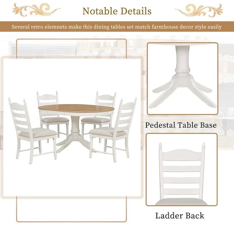 5-Piece Retro Wood Dining Set: Round Extendable Table with 4 Upholstered Chairs 15