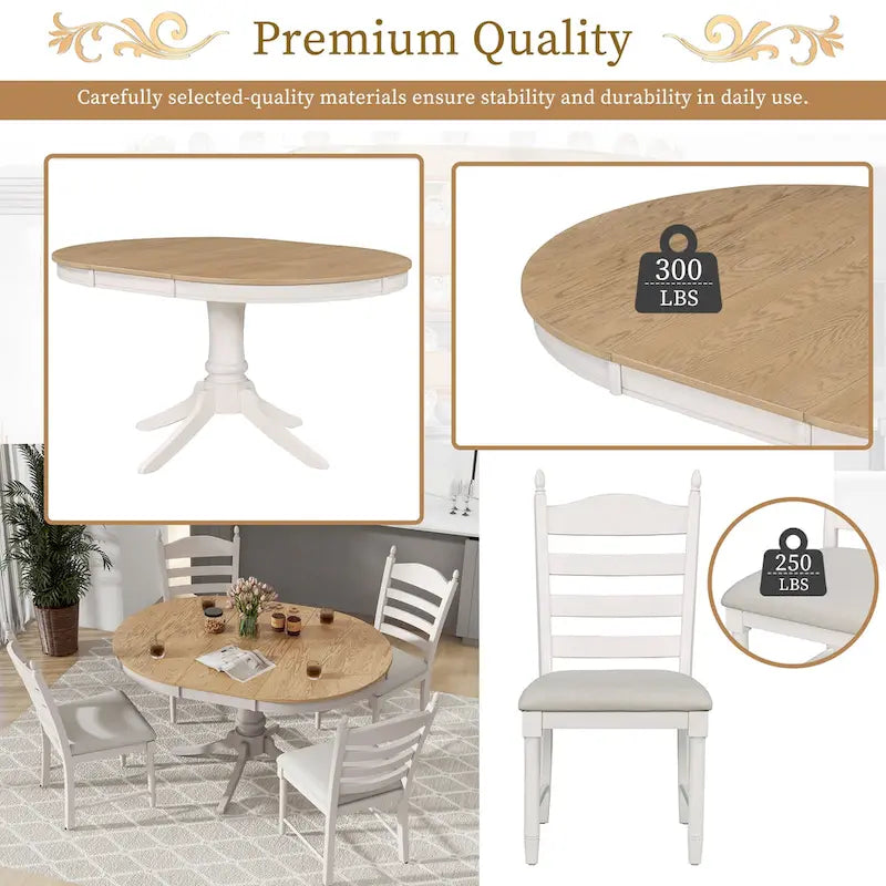 5-Piece Retro Wood Dining Set: Round Extendable Table with 4 Upholstered Chairs 16