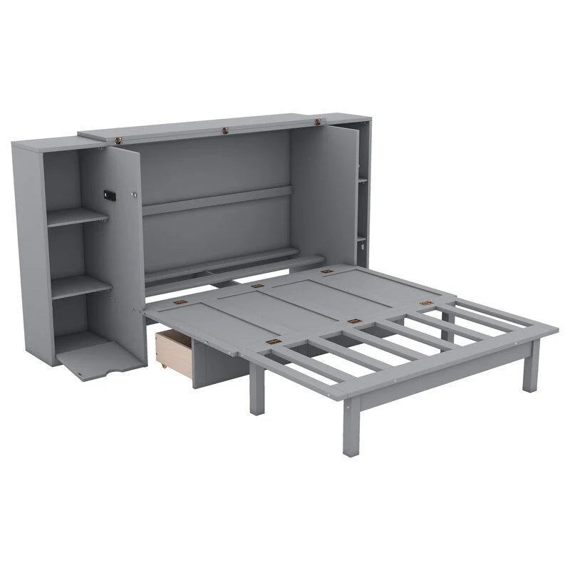 Spacious Wooden Murphy Bed with Shelving, Storage Drawers, and USB Charging Ports