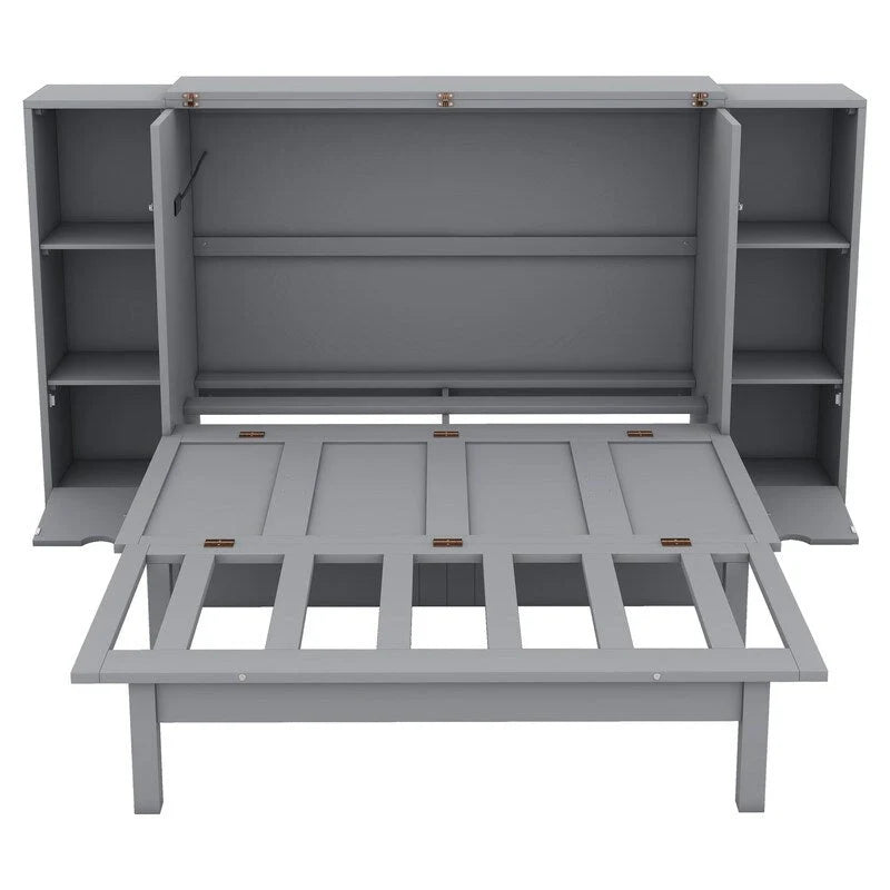 Spacious Wooden Murphy Bed with Shelving, Storage Drawers, and USB Charging Ports 3