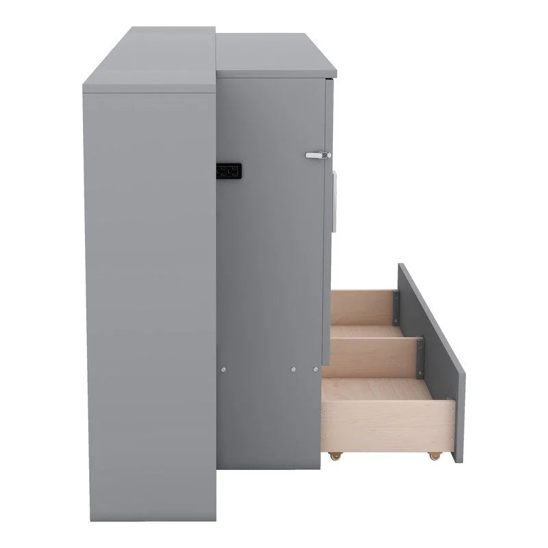 Spacious Wooden Murphy Bed with Shelving, Storage Drawers, and USB Charging Ports 4
