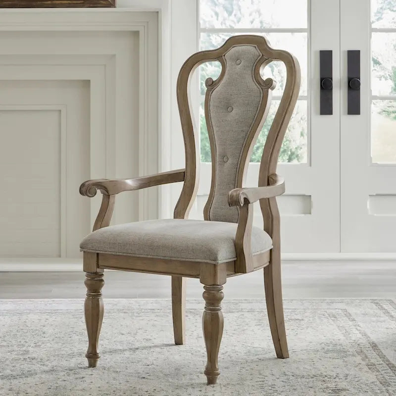 Set of 2 Magnolia Manor Weathered Bisque Upholstered Arm Chairs with Splat Back Design 11