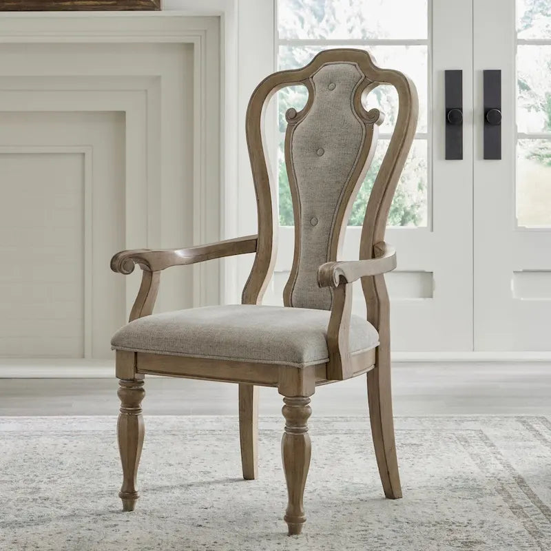 Set of 2 Magnolia Manor Weathered Bisque Upholstered Arm Chairs with Splat Back Design 1