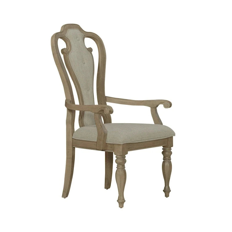 Set of 2 Magnolia Manor Weathered Bisque Upholstered Arm Chairs with Splat Back Design 2