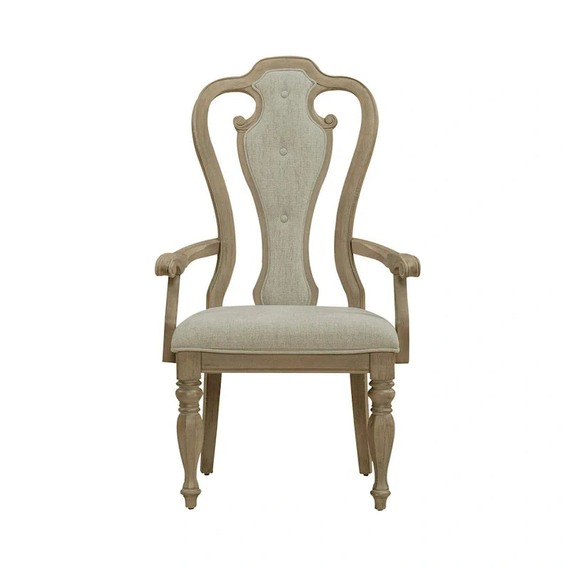 Set of 2 Magnolia Manor Weathered Bisque Upholstered Arm Chairs with Splat Back Design 3