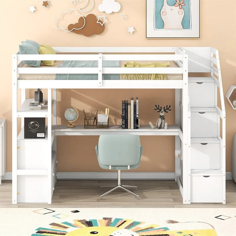 Merax Loft Bed with Integrated Desk and Storage Shelves 1