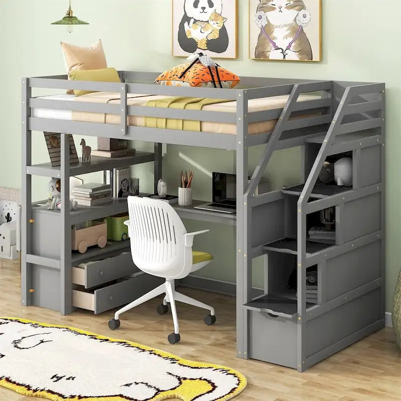Merax Loft Bed with Integrated Desk and Storage Shelves 6